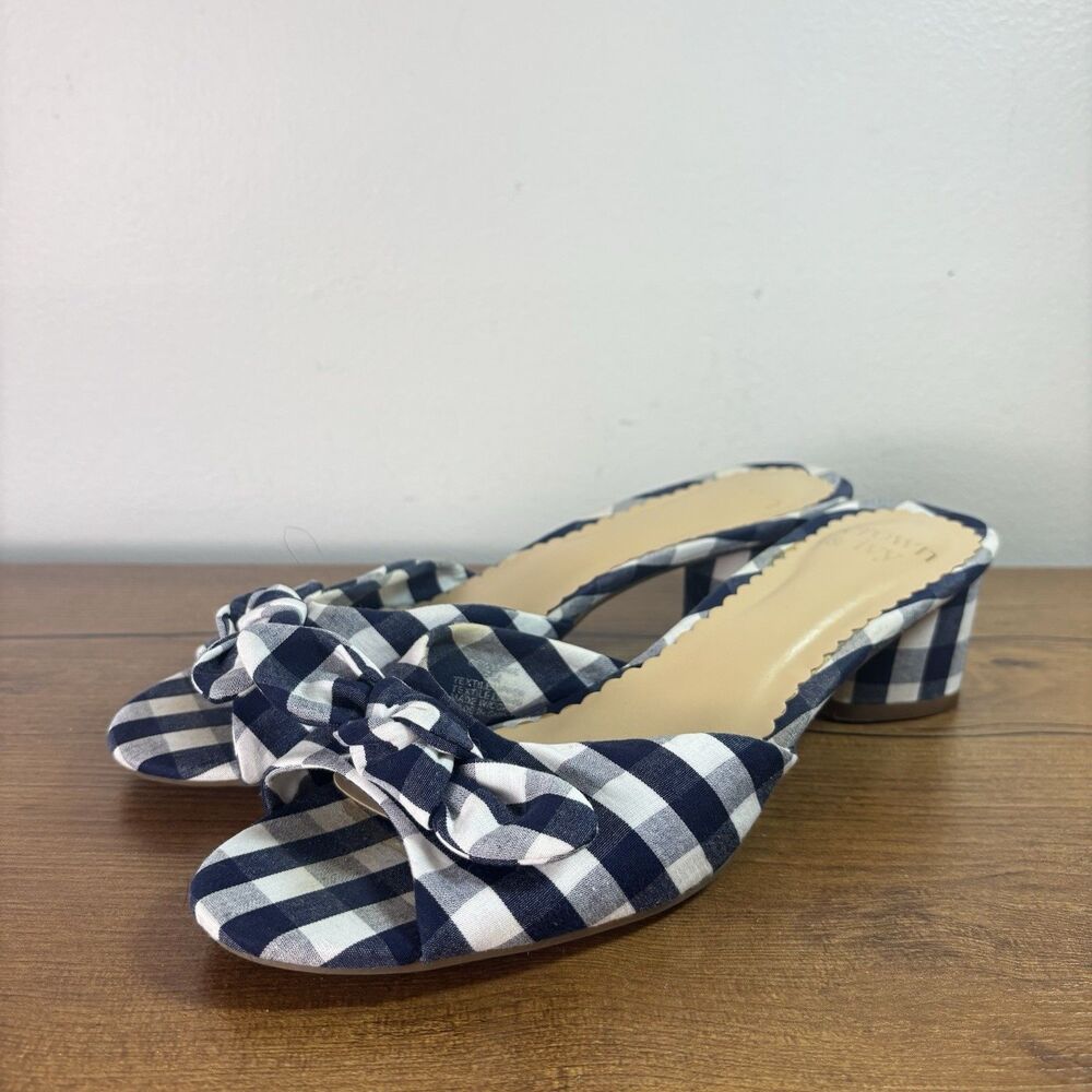 Crown & Ivy Fabric Sandal Slip On 2” Heels Navy Gingham Woman 8M Preppy